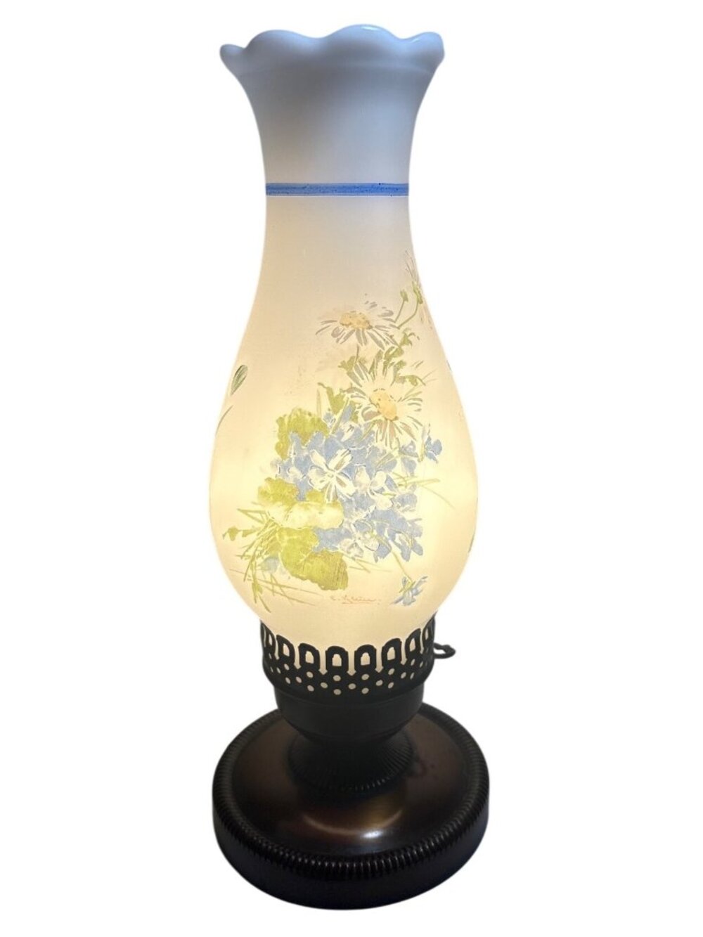 Vintage Milk Glass Hurrican Lamp Blue Green Floral Brass Tone Base 13" Electric